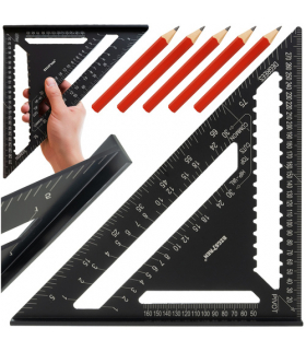 Kątownik ciesielski aluminiowy, przymiar stolarski, narożnik budowlany 12" 90° i 45° - precyzyjne pomiary + w zestawie 5 ołówków Bigstren 25874 18412