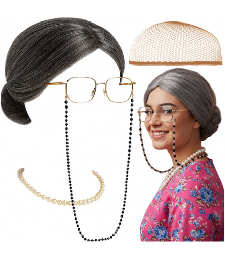 Strój babci, kostium starszej pani, babcia na Halloween, przebranie retro, peruka, okulary i perły, 5 elementów, Ruhhy 26149 18415