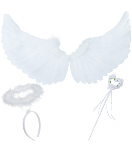 Skrzydła anioła białe na jasełka + aureola na głowę i różdżka w kształcie serca, strój aniołka 3 elementy, Ruhhy 26478 18416