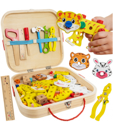 Drewniana skrzynka narzędziowa dla dzieci zestaw majsterkowicza + narzędzia, budowanie zwierząt pojazdów robotów, Kruzzel 26581 18423