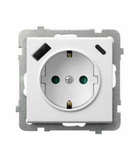 SONATA GP-1RSPUSBAC/m/75 Gniazdo pojedyncze z uziemieniem schuko z przesłonami torów prądowych, z ładowarką USB A+C Biały mat Ospel