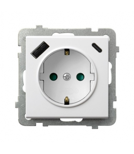 SONATA GP-1RSPUSBAC/m/75 Gniazdo pojedyncze z uziemieniem schuko z przesłonami torów prądowych, z ładowarką USB A+C Biały mat Ospel