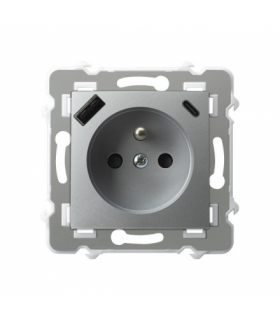 SZAFIR GP-1ZZPUSBAC/m/18 Gniazdo pojedyncze z uziemieniem z przesłonami torów prądowych z ładowarką, USB A+C Srebro Ospel
