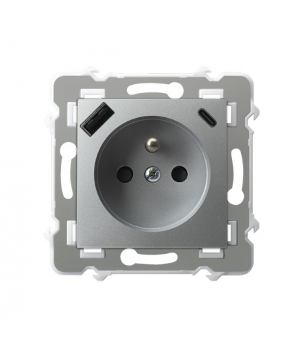 SZAFIR GP-1ZZPUSBAC/m/18 Gniazdo pojedyncze z uziemieniem z przesłonami torów prądowych z ładowarką, USB A+C Srebro Ospel