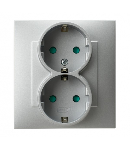 SZAFIR GP-2ZSP/18 Gniazdo podwójne z uziemieniem schuko z przesłonami torów prądowych, kompletne z ramką Srebro Ospel