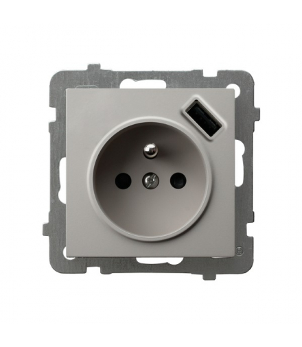 AS GP-1GZPUSB/m/82 Gniazdo pojedyncze z uziemieniem z przesłonami torów prądowych, z ładowarką USB Kaszmir Ospel