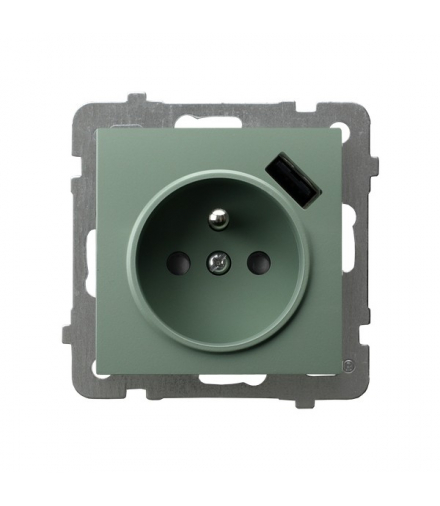 AS GP-1GZPUSB/m/84 Gniazdo pojedyncze z uziemieniem z przesłonami torów prądowych, z ładowarką USB Zielony mat Ospel