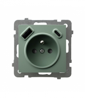 AS GP-1GZPUSBAC/m/84 Gniazdo pojedyncze z uziemieniem z przesłonami torów prądowych, z ładowarką USB A+C Zielony mat Ospel