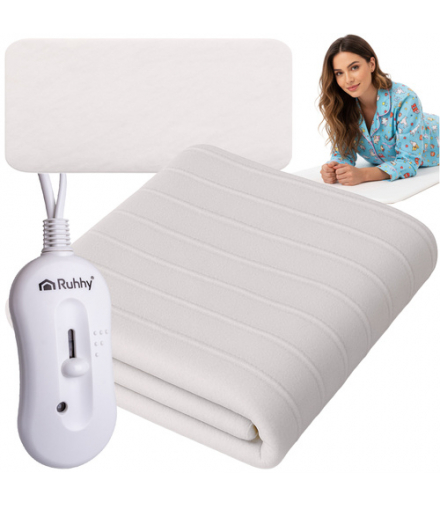 Koc elektryczny, mata grzewcza, miękki i podgrzewany, 3 tryby grzania + pilot 190x80cm, biały Ruhhy 26200 18463
