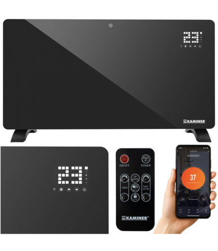 Grzejnik WiFi TUYA, elektryczny, szklany, 2300W-2500W, mocny, sterowanie aplikacją na WiFi i pilot, czarny, 85x41cm, 7.4kg, Zelva Kaminer 26572 18508