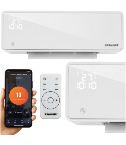 Kurtyna powietrzna WiFi z wyświetlaczem LED, mocny grzejnik ścienny, 1000/2000W, timer, programator, aplikacja WiFi + Pilot, biały Zelvion Kaminer 26398 18519