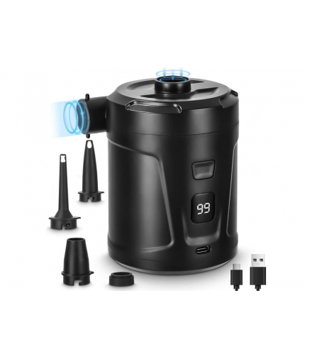 Pompka akumulatorowa z wyświetlaczem LCD, 5A, 3,7V 5200mAh, czarna ladowarka typu C,4 końcówki, pokrowiec w zestawie, 18.5W, 300L /minute. LTC LXMP190