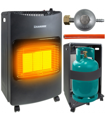 Piecyk gazowy na butlę, oferuje 3 moce grzewcze, do 60 m², w zestawie wąż i reduktor, gaz LPG (propan-butan), 1500W/2750W/4200W, KAMINER 26157 18535