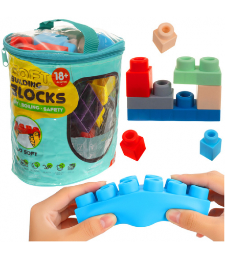 Klocki sensoryczne dla dzieci, miękkie gumowe kreatywne, zestaw 30 klocków w etui, bezpieczny materiał TPR, Iso Trade 26576 18541