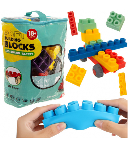Klocki sensoryczne dla dzieci, miękkie gumowe kreatywne, zestaw 80 klocków w etui, bezpieczny materiał TPR, Iso Trade 26575 18542