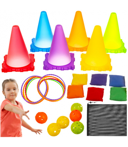 Gra zręcznościowa Rzut do celu, 3w1, woreczki, pachołki, piłki, obręcze, dla dzieci Kruzzel 26514 18506