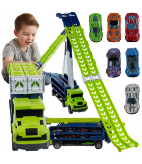 Ciężarówka, Tir, zjeżdżalnia z 6 autkami, dla dzieci, tor samochodowy, garaż na auta, samochodziki, Iso Trade 26527 18518