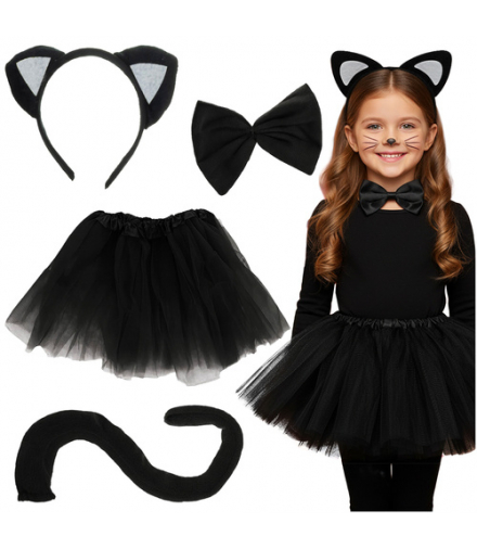Strój kota, czarny, kot dla dziewczynki, przebranie, kostium, zestaw 4w1, Kruzzel 26518 18505