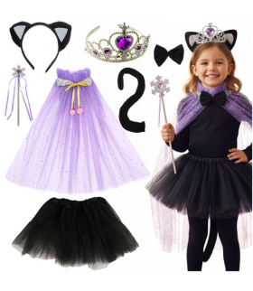Strój kota, czarny + fiolet, kot dla dziewczynki, przebranie, kostium, zestaw 7w1, Kruzzel 26474 18528