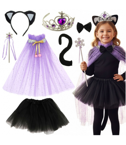 Strój kota, czarny + fiolet, kot dla dziewczynki, przebranie, kostium, zestaw 7w1, Kruzzel 26474 18528