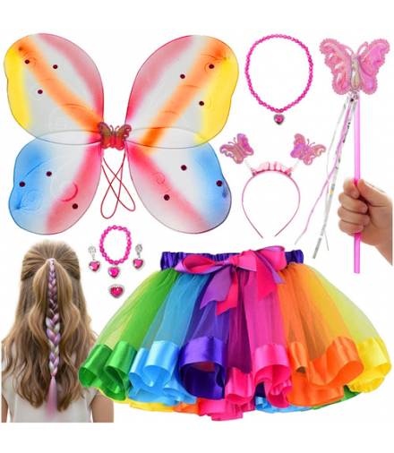 Strój motylka dla dzieci, kostium, przebranie na bal, 6w1, opaska z czułkami, skrzydła, spódniczka, zestaw biżuterii, warkocz włosów i różdżka, Kruzzel 26742 18533