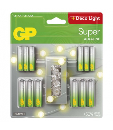 GP Zestaw baterii alkalicznych SUPER 12xAA (LR3) + 12xAAA (LR6) + łańcuch dekoracyjny LED GP Gratis B0164MC
