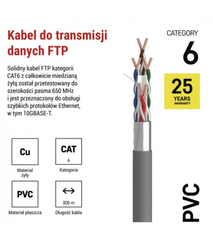 Kabel FTP Cat6, pudełko 305m, pełna miedź (Cu) EMOS S9231