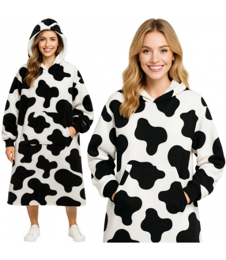 Koc bluza z kapturem oversize, długa, duża, ciepła i gruba kocobluza, futrzak XXL, koc czarno biały Ruhhy 26538 18567