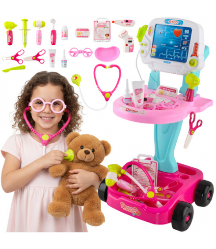 Zestaw małego doktora, wózek różowy, zabawka lekarska z akcesoriami Iso Trade 26556 18586