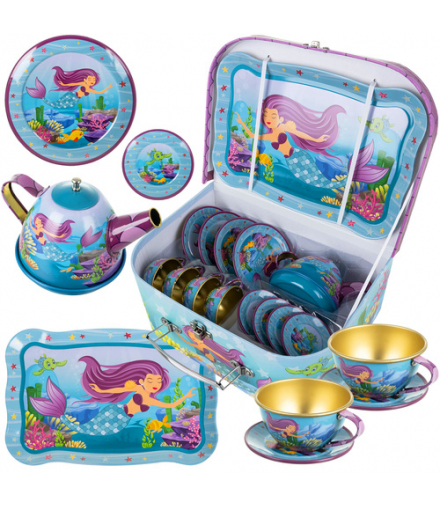 Drewniany zestaw do herbaty, kawy dla dzieci z syrenką, filiżanki, akcesoria, idealny prezent, zabawka edukacyjna i kreatywna Iso Trade 18591