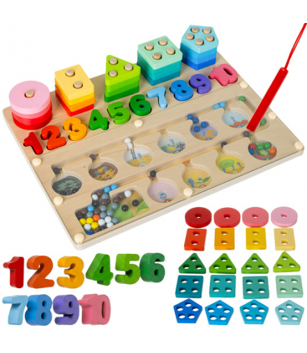Drewniany sorter dla dzieci, zabawka edukacyjna, układanka Montessori, 3w1, magnetyczny labirynt z kulkami, figury i liczby, tablica aktywności, 30×22.5cm Kruzzel 26509 18622