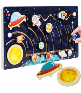 Drewniana układanka Układ Słoneczny ,montessori, labirynt, planety i rakieta, edukacyjna gra motoryczna i logiczna dla dzieci, gładkie drewniane krawędzie, Kruzzel 26696 18637