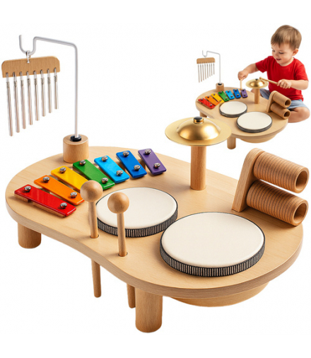 Drewniany stolik muzyczny dla dzieci, perkusja, montessori z cymbałkami, bębenkami i grzechotkami, rozwój muzyczny i sensoryczny dla maluchów, Kruzzel 26420 18594