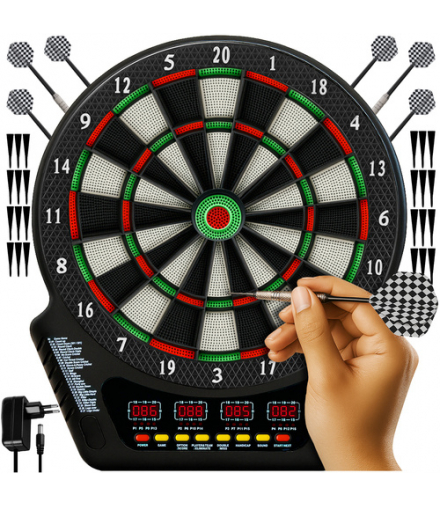 Tarcza do Darta elektroniczna, zestaw do gry w rzutki z 4 wyświetlaczami LED, max 16 graczy, 6 rzutek z aluminiowymi shaftami, 24 zapasowe groty, regulacja głośności, Trizand 26307 18636