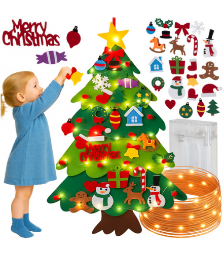 Choinka filcowa z oświetleniem LED i dekoracjami, 100x70cm, dla dzieci, na ścianę Kruzzel 26548 18611