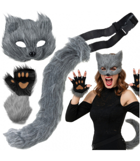 Strój kota, lisa, wilka, maska, ogon, łapki, zestaw Therian, 4w1, szary Ruhhy 26247 18620