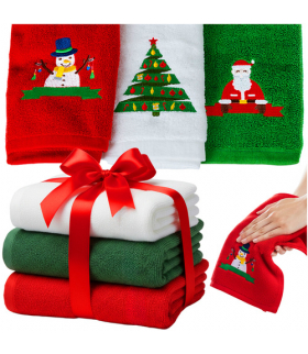Ręczniki świąteczne bawełniane z haftem, komplet 3szt, czerwony, zielony, biały, 30x40cm, Ruhhy 26727 18603