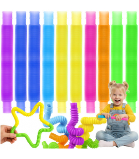 Rurki, tuby sensoryczne POP, zestaw 10 szt. kolorowych, elastycznych, rozciąganych, Montessori, antystresowe, Kruzzel 26693 18654