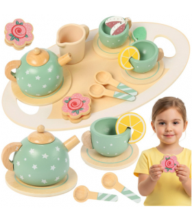 Drewniany serwis do herbaty, zestaw dla dzieci, do kuchni, taca, czajnik, filiżanki, łyżeczki, zielony Kruzzel 26393 18686