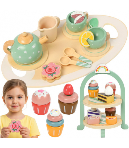 Drewniany serwis do herbaty z paterą, zestaw dla dzieci, do kuchni, taca, czajnik, filiżanki, łyżeczki, Kruzzel 26418 18685
