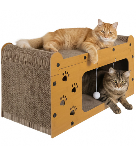 Drapak dla kota, piętrowy domek, 2 poziomy, eko tektura falista i HDF, 29x55x29cm, legowisko z zabawkami, Purlov 27016 18692