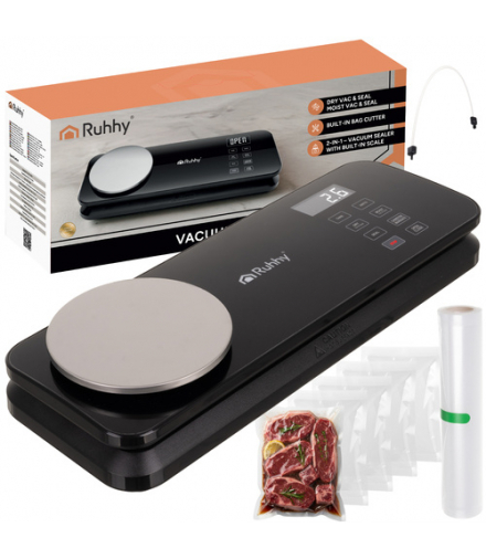Zgrzewarka próżniowa do żywności 2w1 z wagą, podwójna pompa 80kPa, nożyk przesuwny, 120W, + folie i worki w zestawie, Ruhhy 24756 18674