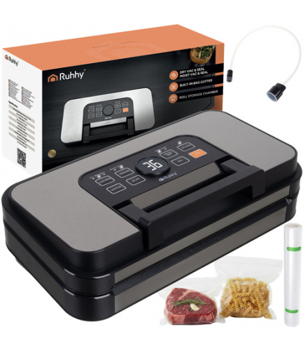 Zgrzewarka próżniowa 95kPa, pakowarka do jedzenia, podwójna pompa i podwójny zgrzew, nożyk wbudowany i uchwyt na rolkę, 30cm szerokości worka, 125W, rolka i wężyk do pojemników w zestawie, Ruhhy 24757 18683