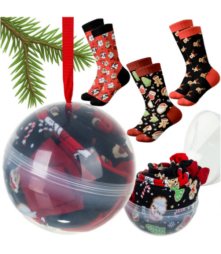 Skarpety świąteczne w bombce, zestaw 3 par, unisex, miękkie, bawełniane z elastycznym ściągaczem, kolorowe motywy świąteczne, prezent pod choinkę, rozmiar 38-43, Ruhhy 26438 18639