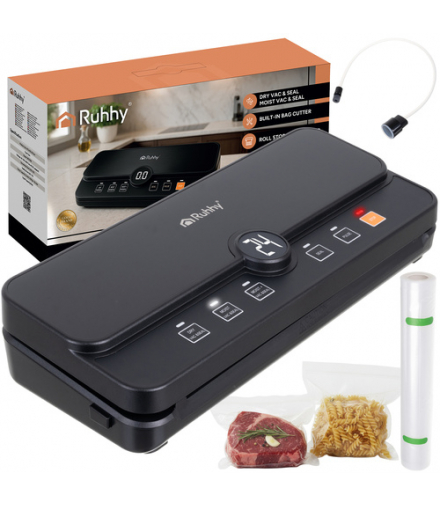 Zgrzewarka próżniowa 80kPa, szybkie pakowanie i świeżość na dłużej, nożyk przesuwny i schowek na rolkę, 30cm szerokości worka, 110W, wężyk do pojemników i rolka w zestawie Ruhhy 24620 18696