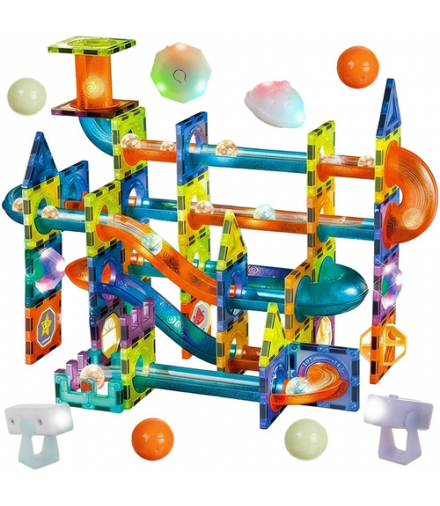 Klocki magnetyczne konstrukcyjne 3D, tor kulkowy, 110 elementów dla dzieci, edukacyjne panele z magnesami, zestaw do budowania wież, mostów i zjeżdżalni, Iso Trade 25766 18688