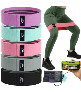 Gumy oporowe do ćwiczeń, zestaw fitness, 5szt. materiałowe, 5–35kg, z planem treningowym QR, Antypoślizgowe, Trizand 25877 18730