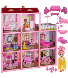Domek dla lalek, Willa dla lalek, 3-poziomowy z balkonem + lalka + 22 mebelki Iso Trade 27054 18737