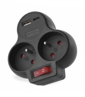 Rozgałęźnik 2×230V z ładowarką 1×USB-A + 1×USB-C + wyłącznik, czarny EMOS P0078
