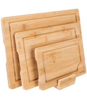 Deska bambusowa do krojenia, zestaw 3szt. + stojak, 3w1, deski bambusowe kuchenne ze stojakiem, różne rozmiary, rowki odprowadzające płyny, ekologiczny materiał, Ruhhy 18753